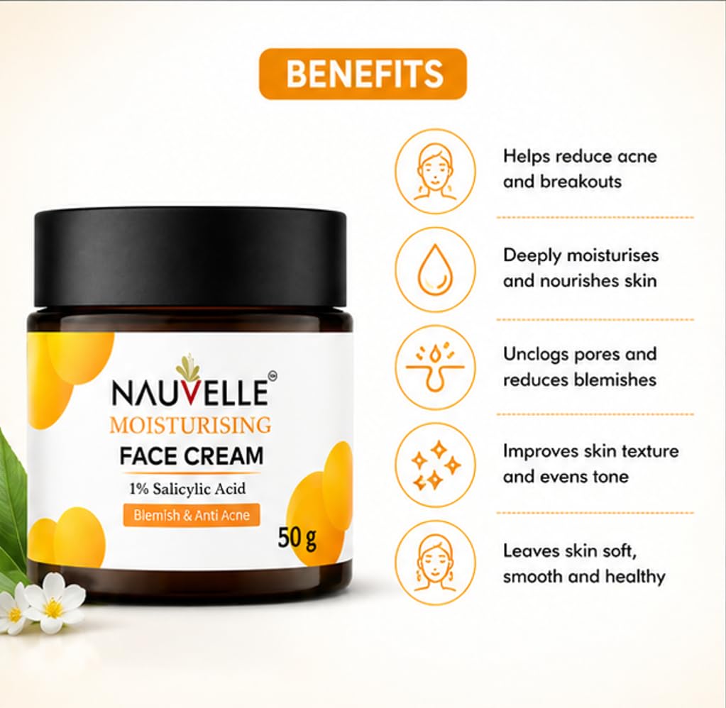 Nauvelle Moisturising Face Cream with 1% Salicylic Acid, Blemish & Anti Acne, 50 g