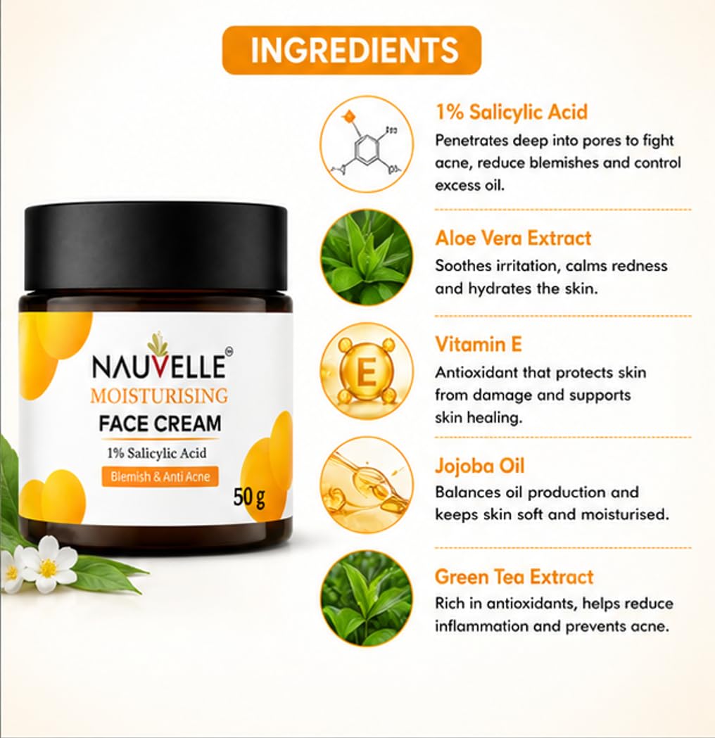 Nauvelle Moisturising Face Cream with 1% Salicylic Acid, Blemish & Anti Acne, 50 g