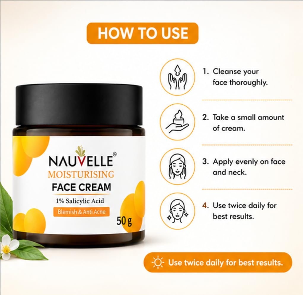 Nauvelle Moisturising Face Cream with 1% Salicylic Acid, Blemish & Anti Acne, 50 g