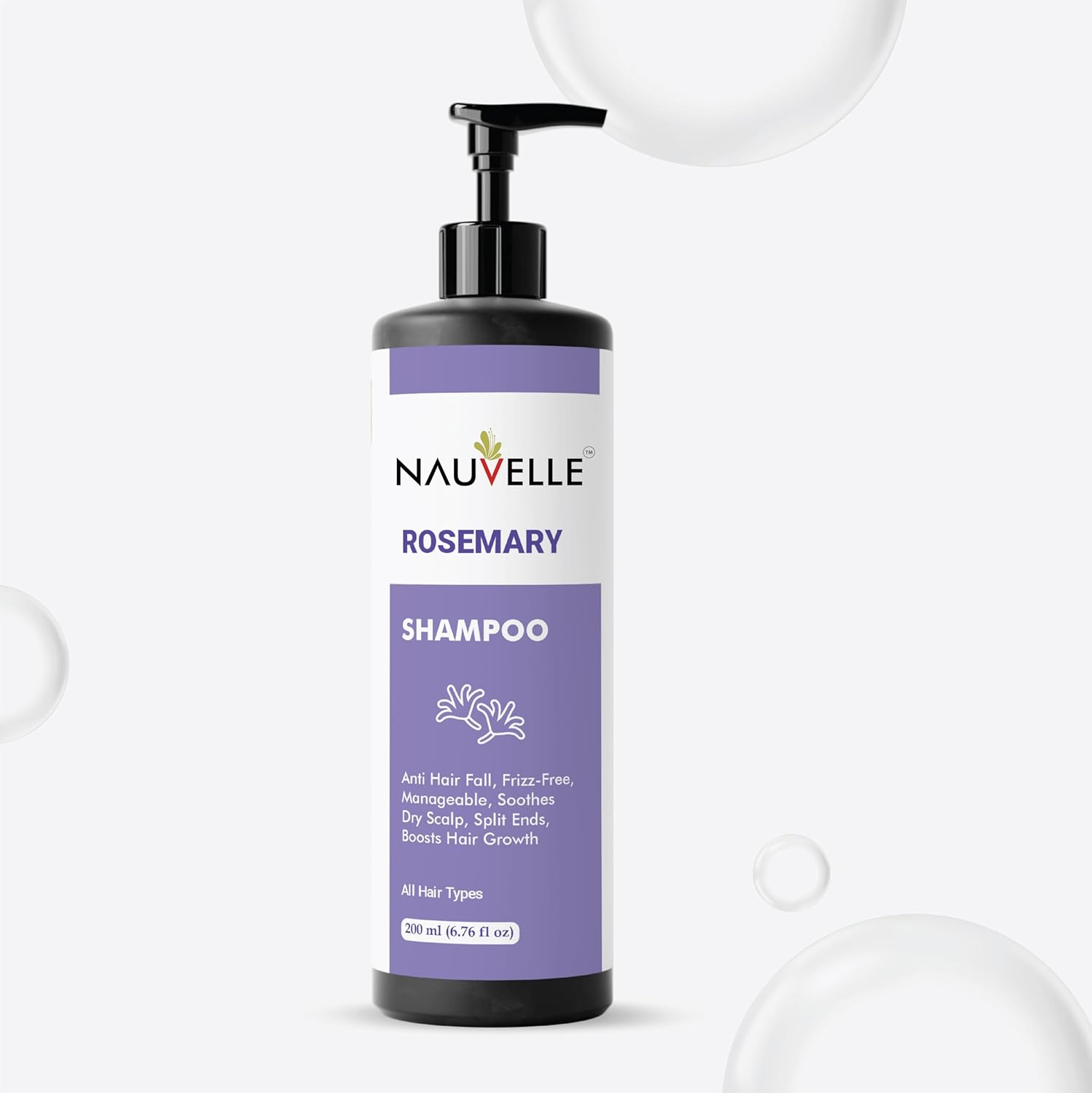Nauvelle Rosemary Shampoo, Anti Hair Fall, Frizz-Free, Boosts Hair Growth, for All Hair Types, 200 ml