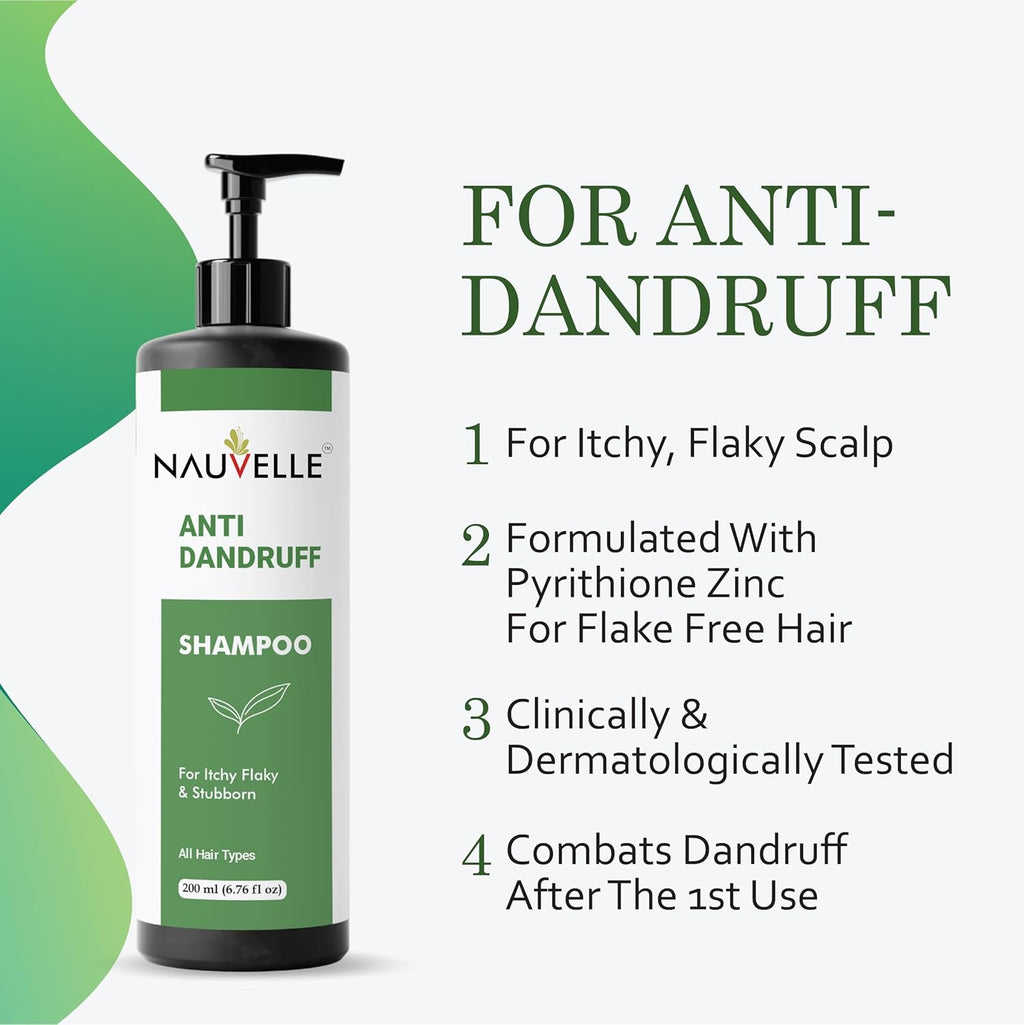 Nauvelle Anti Dandruff Shampoo, for Itchy Flaky and Stubborn Dandruff, All Hair Types, Paraben Free, 200 ml