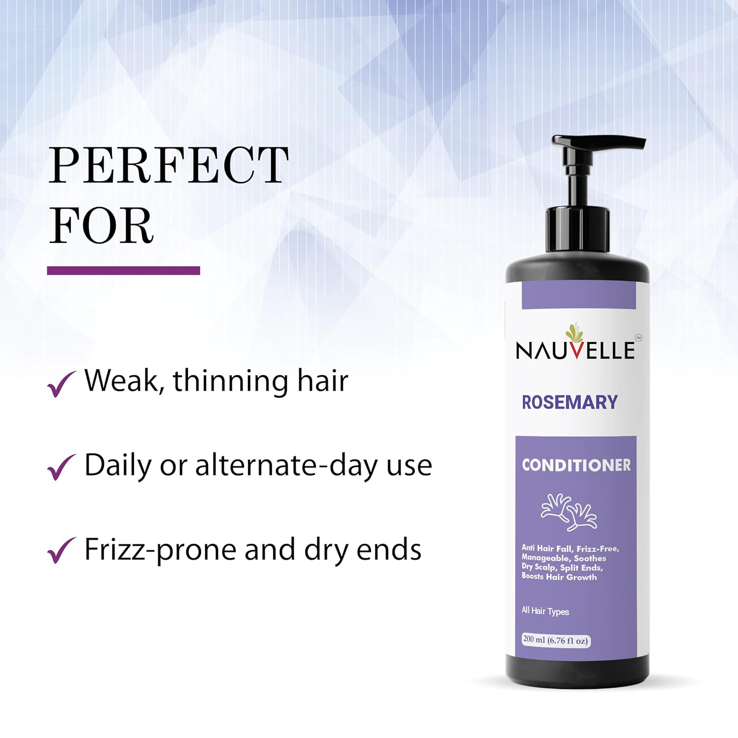 Nauvelle Rosemary Conditioner, Anti Hair Fall, Frizz-Free, Boosts Hair Growth, All Hair Types, 200ml