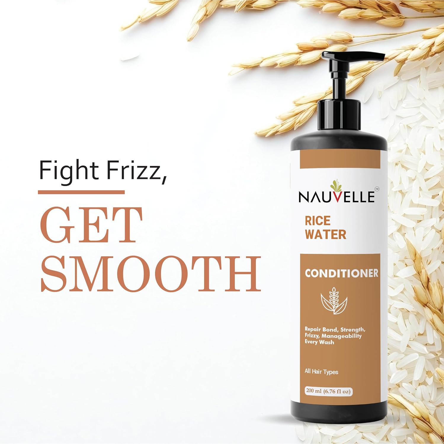 Nauvelle Rice Water Conditioner, Repairs Damage, Deep Hydration, Frizz Control, for All Hair Types, 200 ml