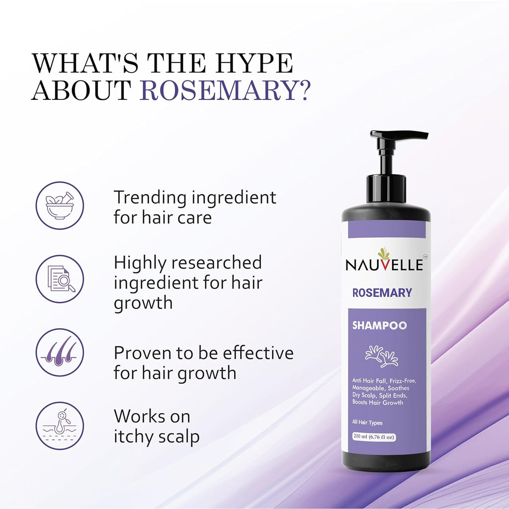 Nauvelle Rosemary Shampoo, Anti Hair Fall, Frizz-Free, Boosts Hair Growth, for All Hair Types, 200 ml