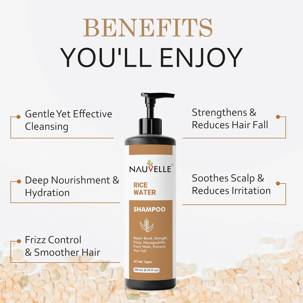 Nauvelle Rice Water shampoo, Repairs Damage, Deep Hydration, Frizz Control, for All Hair Types, 200 ml