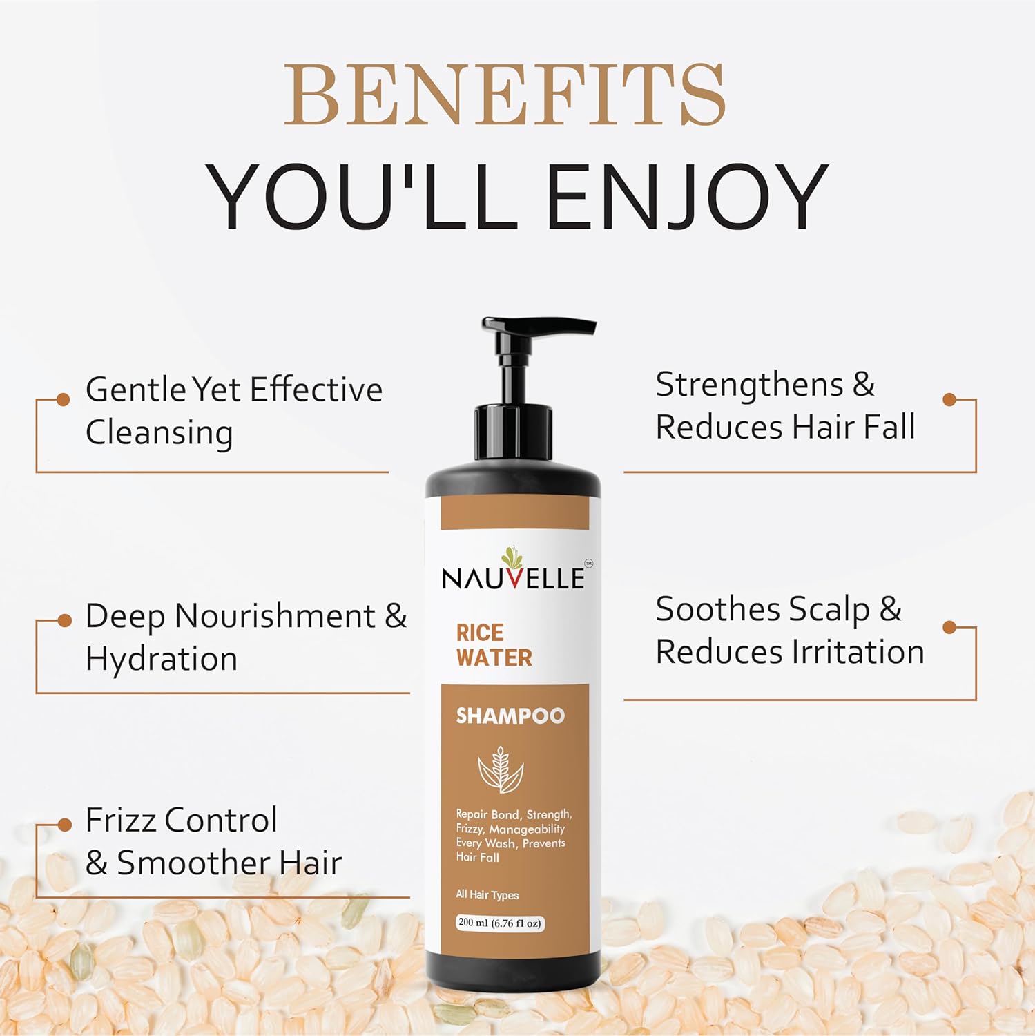Nauvelle Rice Water shampoo, Repairs Damage, Deep Hydration, Frizz Control, for All Hair Types, 200 ml