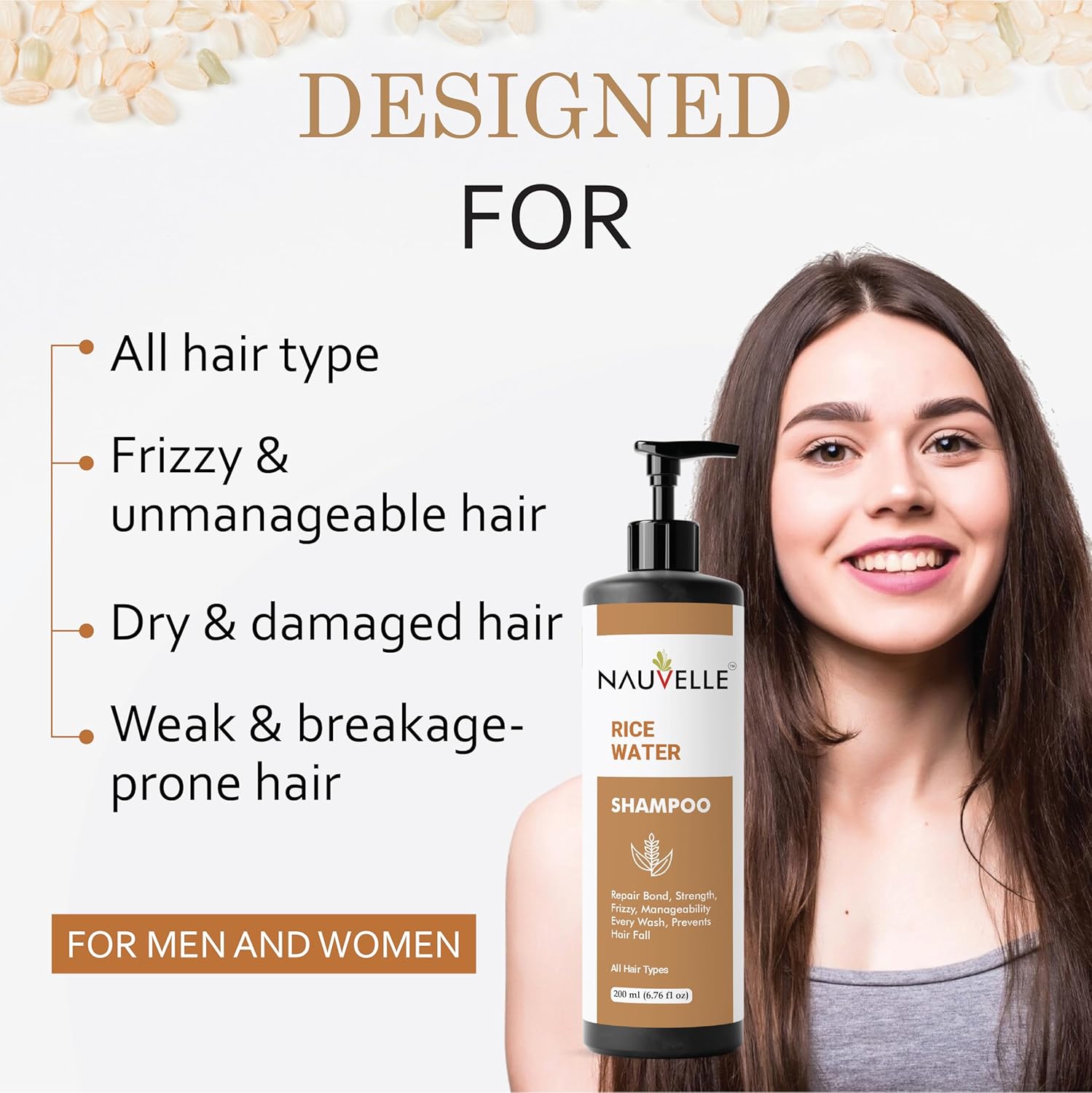 Nauvelle Rice Water shampoo, Repairs Damage, Deep Hydration, Frizz Control, for All Hair Types, 200 ml