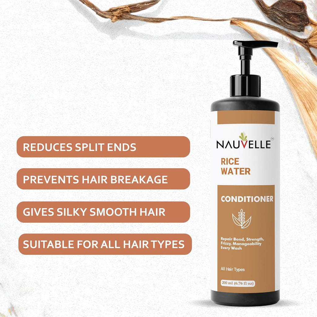 Nauvelle Rice Water Conditioner, Repairs Damage, Deep Hydration, Frizz Control, for All Hair Types, 200 ml