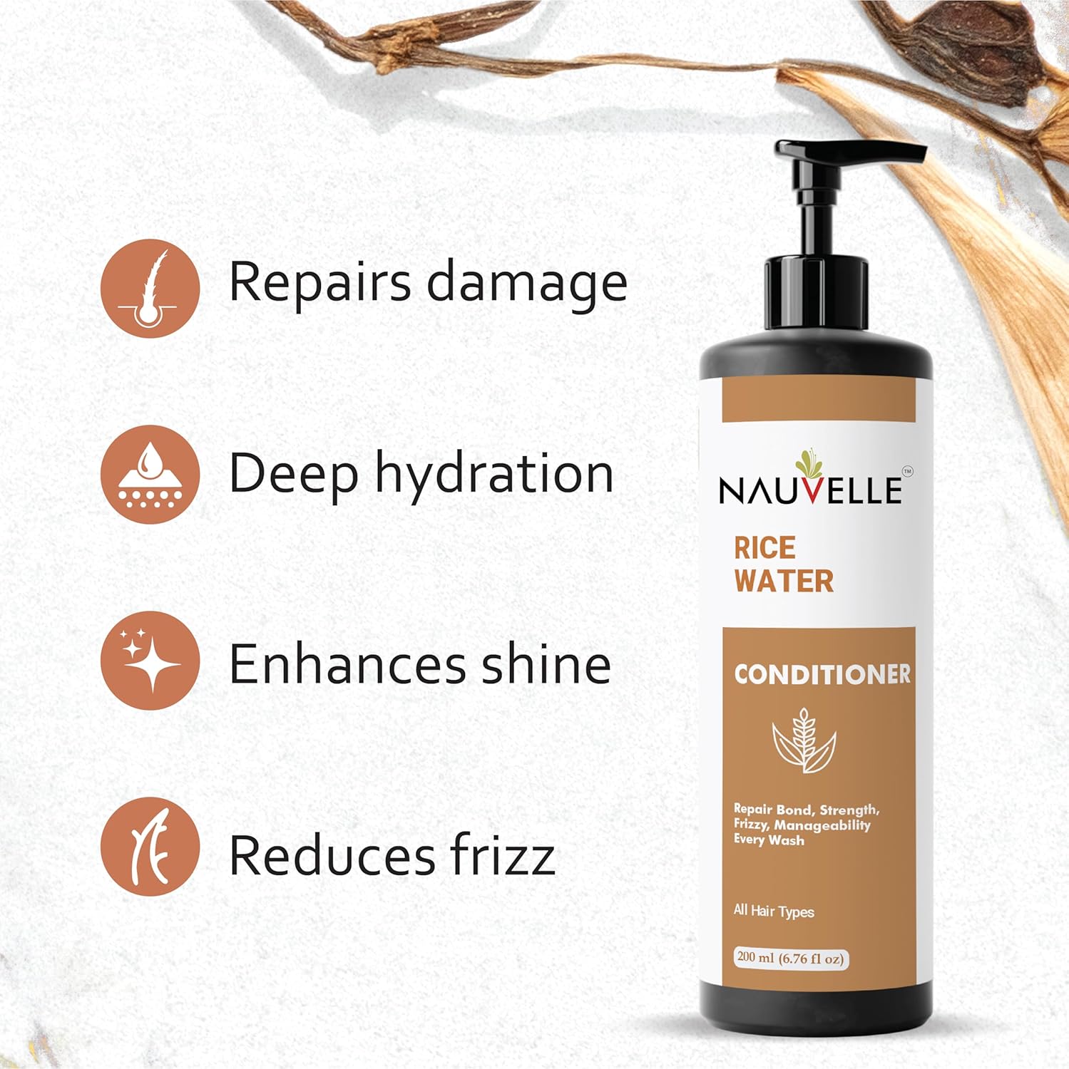 Nauvelle Rice Water Conditioner, Repairs Damage, Deep Hydration, Frizz Control, for All Hair Types, 200 ml