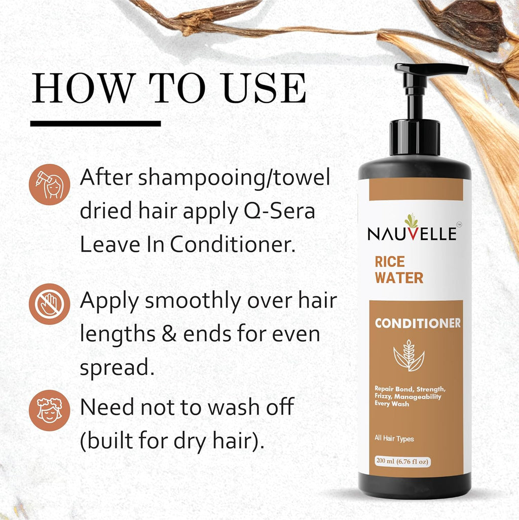 Nauvelle Rice Water Conditioner, Repairs Damage, Deep Hydration, Frizz Control, for All Hair Types, 200 ml
