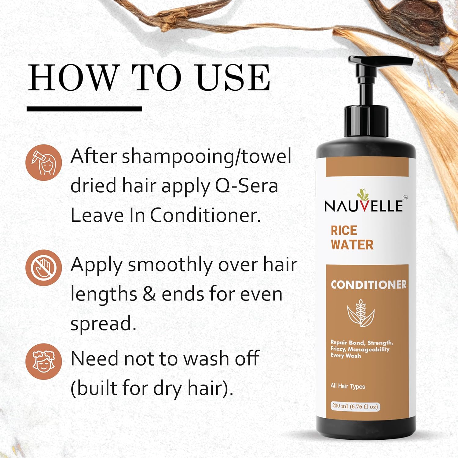 Nauvelle Rice Water Conditioner, Repairs Damage, Deep Hydration, Frizz Control, for All Hair Types, 200 ml