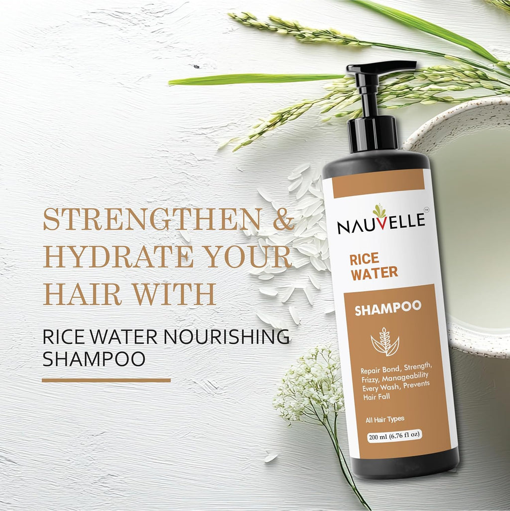 Nauvelle Rice Water shampoo, Repairs Damage, Deep Hydration, Frizz Control, for All Hair Types, 200 ml