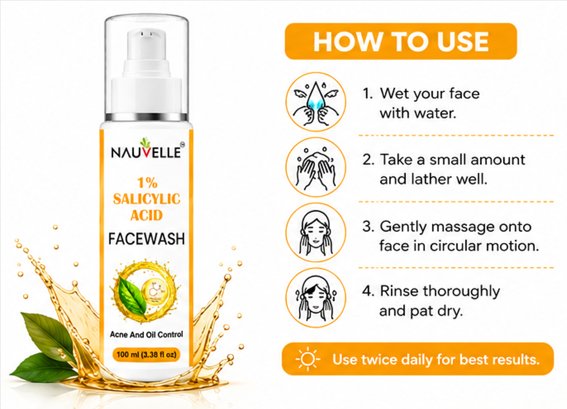 Nauvelle 1% Salicylic Acid Face Wash, Gel, Acne and Oil Control, Paraben Free, 100 ml