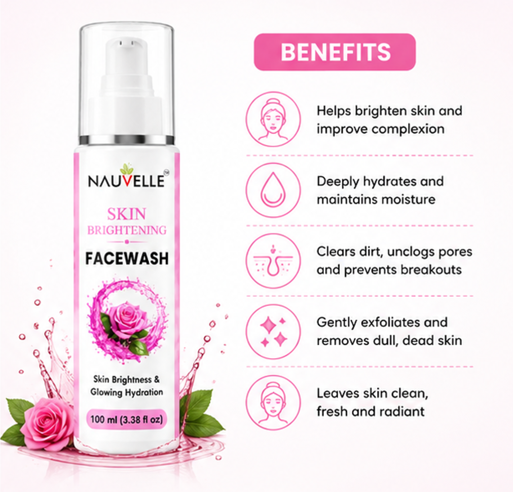 Nauvelle Skin Brightening Face Wash, Gel Form, Rose Extract, Glowing Hydration, Paraben Free, 100 ml