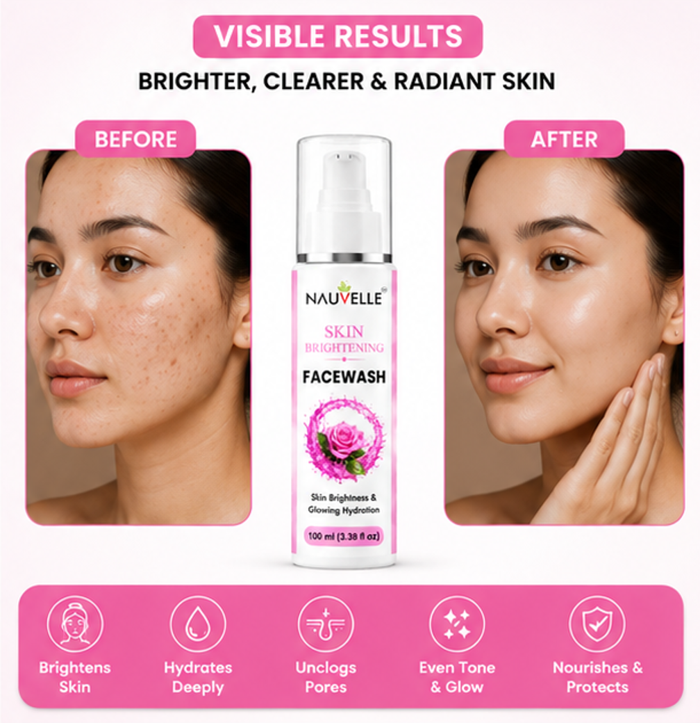 Nauvelle Skin Brightening Face Wash, Gel Form, Rose Extract, Glowing Hydration, Paraben Free, 100 ml
