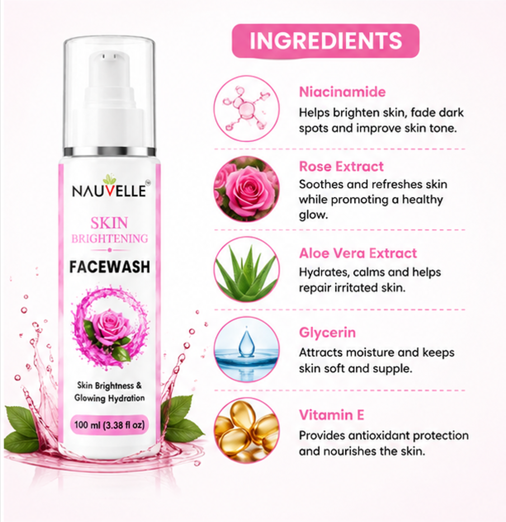 Nauvelle Skin Brightening Face Wash, Gel Form, Rose Extract, Glowing Hydration, Paraben Free, 100 ml