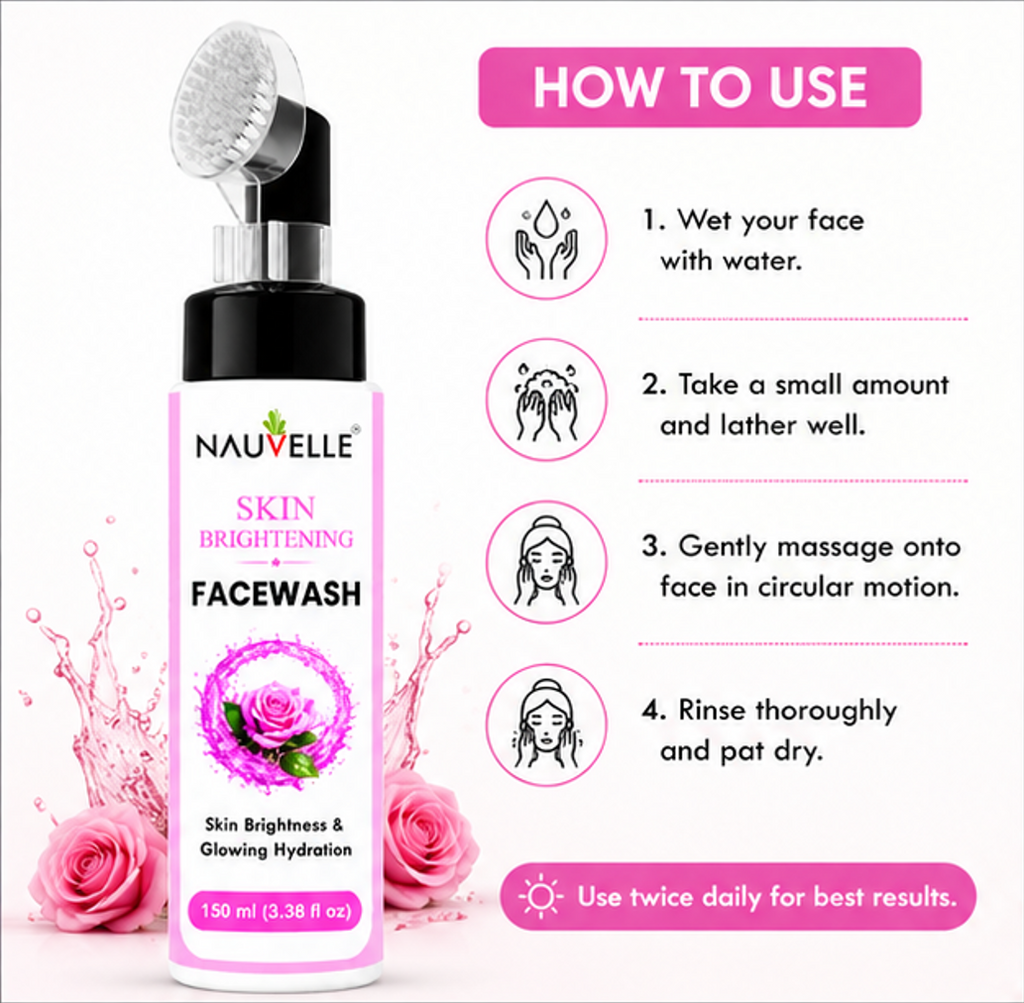 Nauvelle Skin Brightening Facewash with Brush, Gel Formula, Paraben Free, 150 ml, for All Skin Types