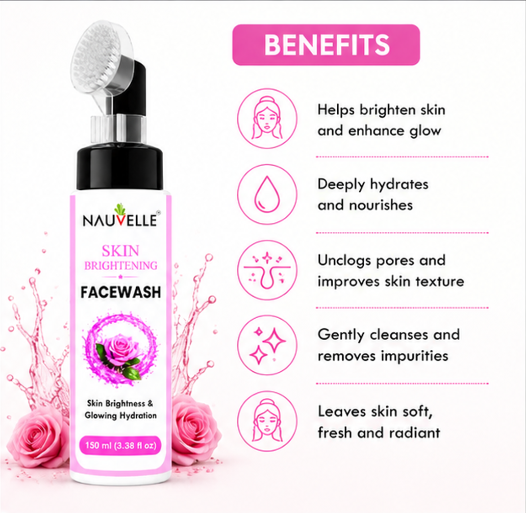 Nauvelle Skin Brightening Facewash with Brush, Gel Formula, Paraben Free, 150 ml, for All Skin Types