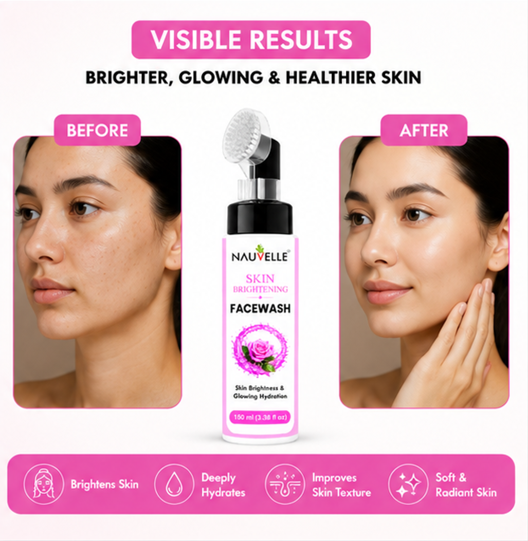 Nauvelle Skin Brightening Facewash with Brush, Gel Formula, Paraben Free, 150 ml, for All Skin Types