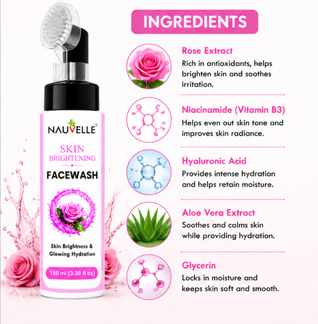 Nauvelle Skin Brightening Facewash with Brush, Gel Formula, Paraben Free, 150 ml, for All Skin Types