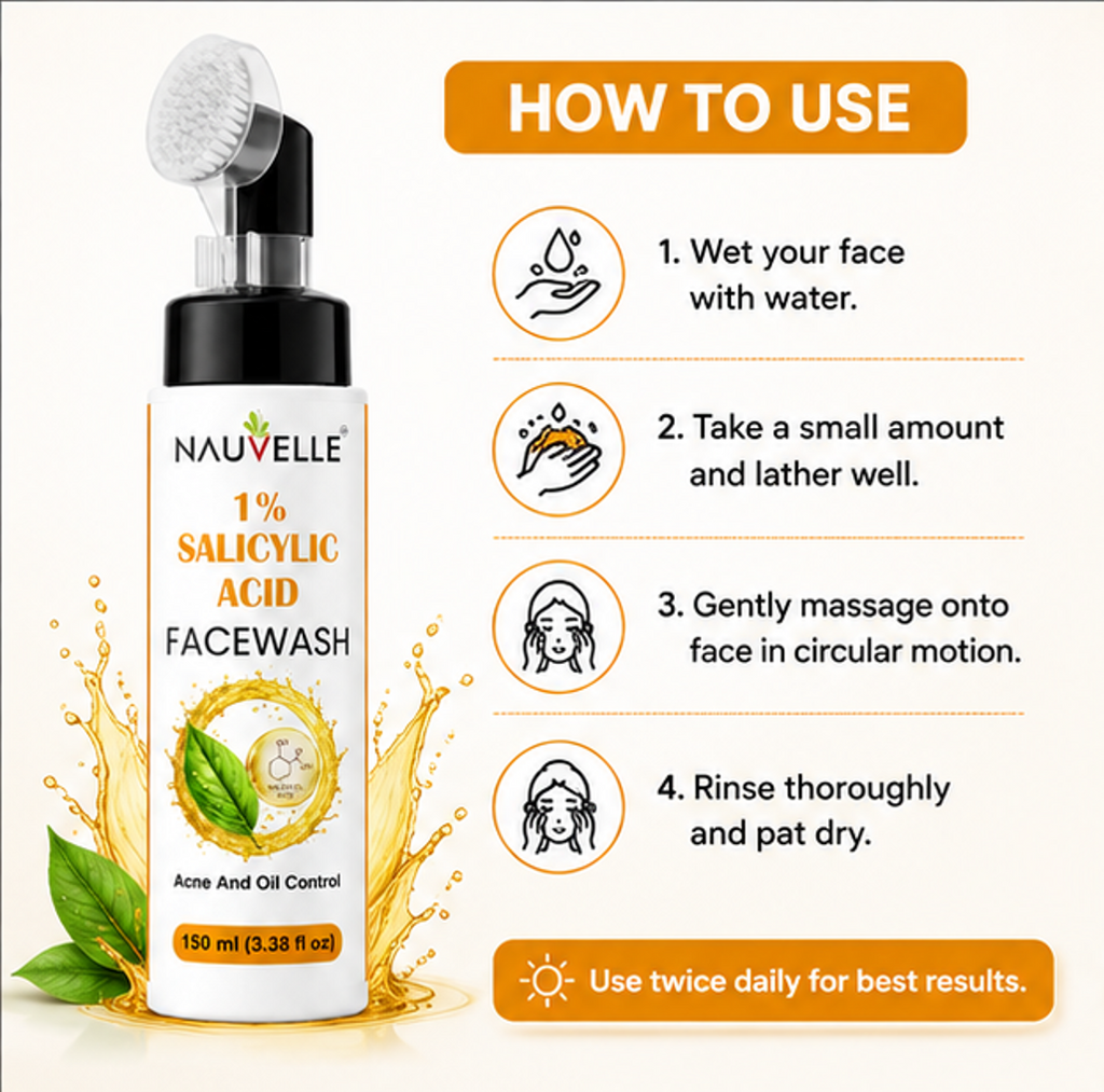 Nauvelle 1% Salicylic Acid Face Wash, Acne and Oil Control, with Built-In Cleansing Brush, Pump Bottle, 150 ml