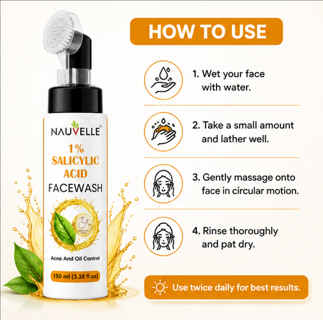 Nauvelle 1% Salicylic Acid Face Wash, Acne and Oil Control, with Built-In Cleansing Brush, Pump Bottle, 150 ml