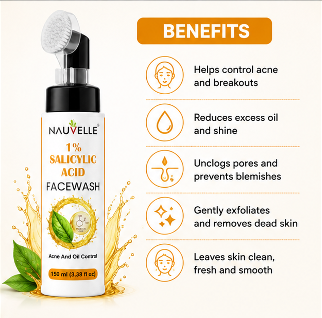 Nauvelle 1% Salicylic Acid Face Wash, Acne and Oil Control, with Built-In Cleansing Brush, Pump Bottle, 150 ml