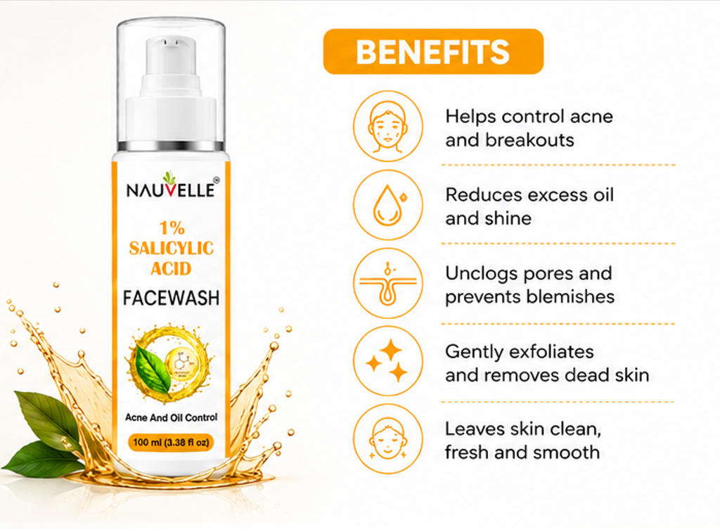 Nauvelle 1% Salicylic Acid Face Wash, Gel, Acne and Oil Control, Paraben Free, 100 ml
