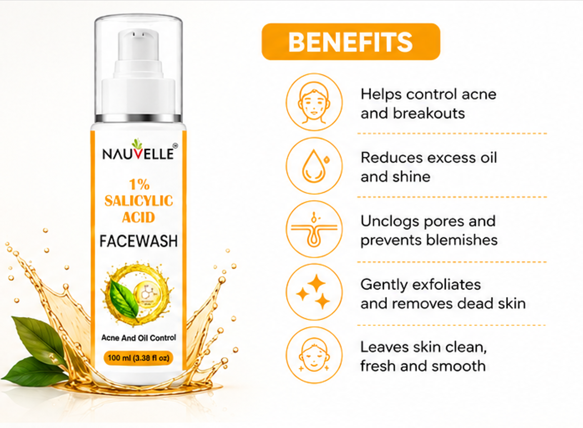 Nauvelle 1% Salicylic Acid Face Wash, Gel, Acne and Oil Control, Paraben Free, 100 ml