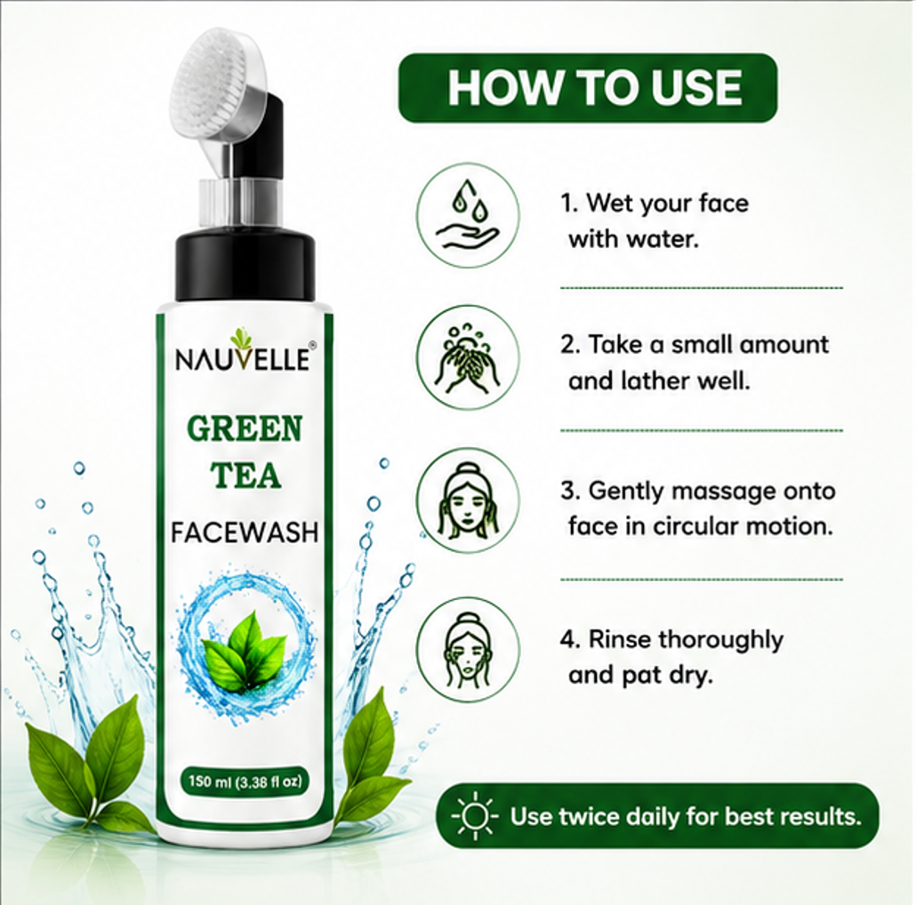 Nauvelle™ Green Tea Facewash, Gel Formula, with Built-In Cleansing Brush and Pump Dispenser, Paraben Free, 150 ml