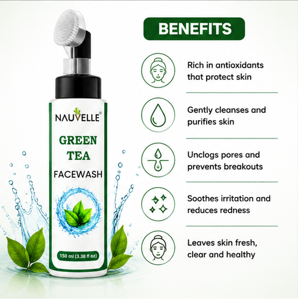 Nauvelle™ Green Tea Facewash, Gel Formula, with Built-In Cleansing Brush and Pump Dispenser, Paraben Free, 150 ml