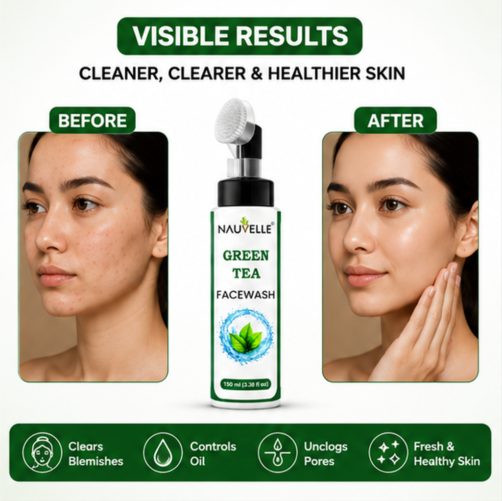 Nauvelle™ Green Tea Facewash, Gel Formula, with Built-In Cleansing Brush and Pump Dispenser, Paraben Free, 150 ml