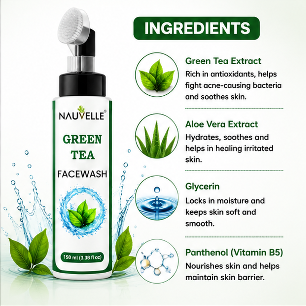 Nauvelle™ Green Tea Facewash, Gel Formula, with Built-In Cleansing Brush and Pump Dispenser, Paraben Free, 150 ml