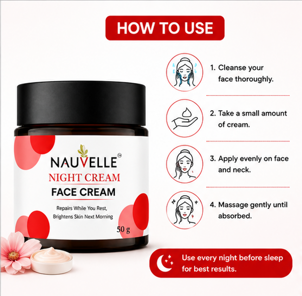 Nauvelle Night Cream Face Cream, Repairs While You Rest, Brightens Skin, 50g