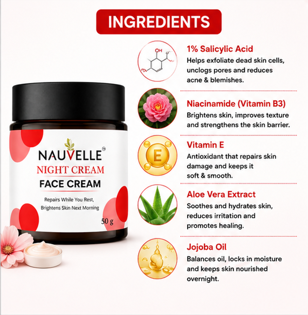 Nauvelle Night Cream Face Cream, Repairs While You Rest, Brightens Skin, 50g