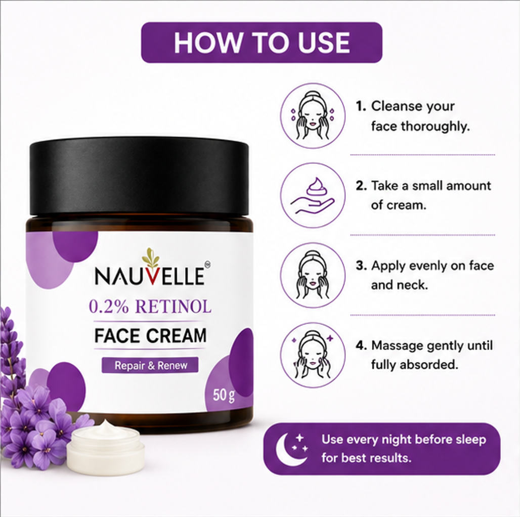 Nauvelle 0.2% Retinol Face Cream, Overnight Repair & Renew, Paraben Free, 50 g