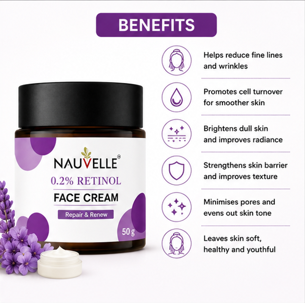 Nauvelle 0.2% Retinol Face Cream, Overnight Repair & Renew, Paraben Free, 50 g