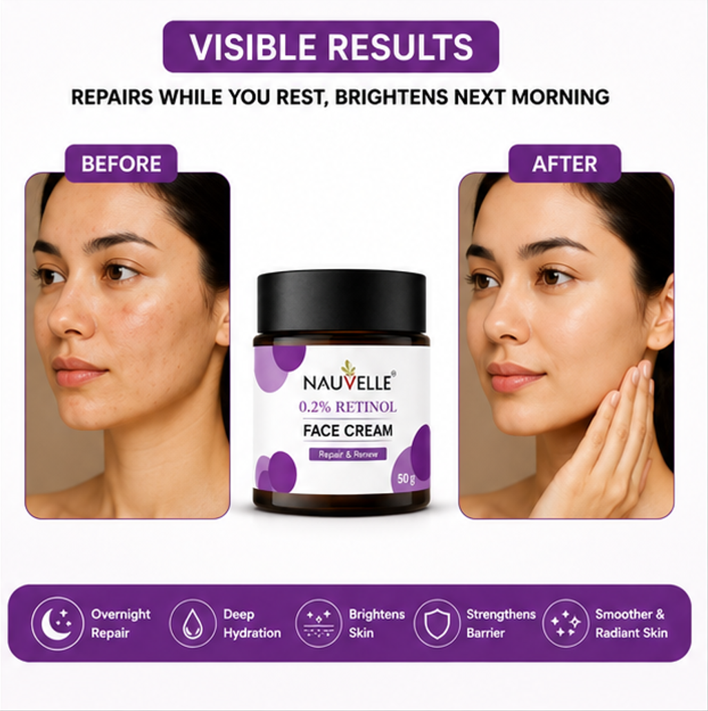 Nauvelle 0.2% Retinol Face Cream, Overnight Repair & Renew, Paraben Free, 50 g