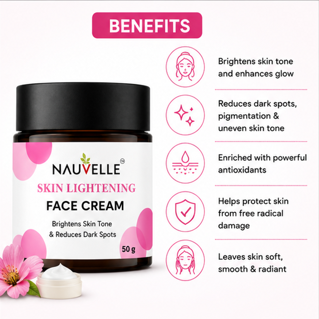 Nauvelle Skin Lightening Face Cream with Glutathione, Alpha Arbutin, Vitamin-C, B3, E, Brightens Skin Tone, 50 g