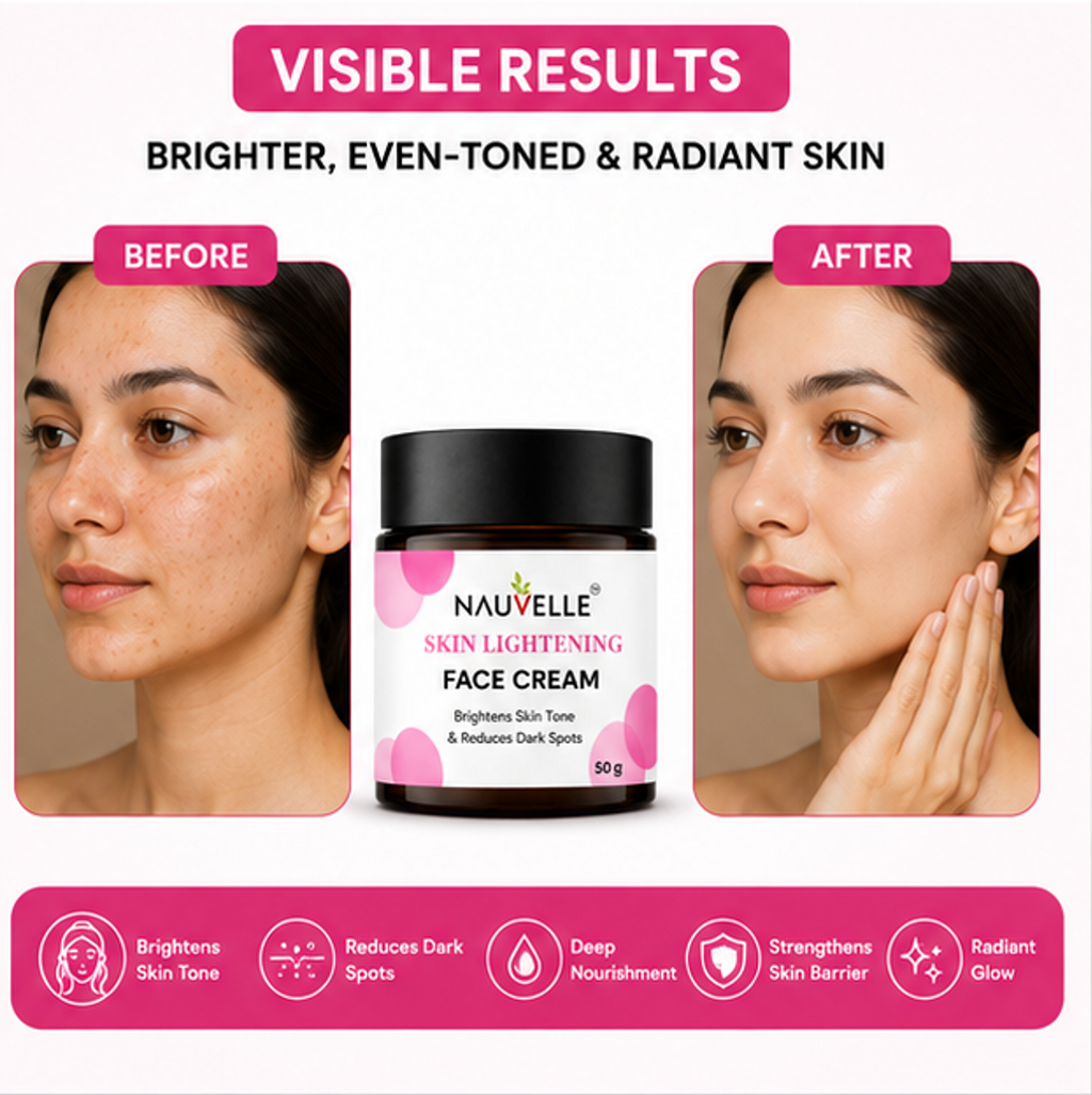 Nauvelle Skin Lightening Face Cream with Glutathione, Alpha Arbutin, Vitamin-C, B3, E, Brightens Skin Tone, 50 g