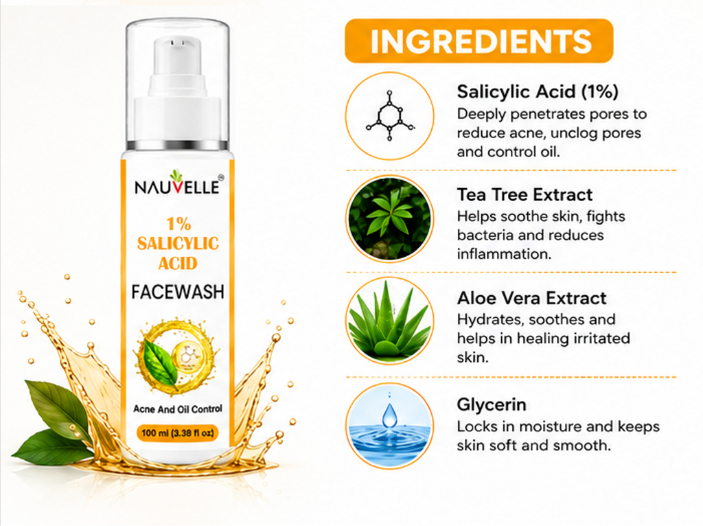 Nauvelle 1% Salicylic Acid Face Wash, Gel, Acne and Oil Control, Paraben Free, 100 ml