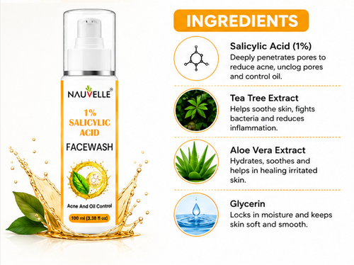 Nauvelle 1% Salicylic Acid Face Wash, Gel, Acne and Oil Control, Paraben Free, 100 ml