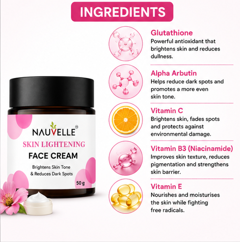 Nauvelle Skin Lightening Face Cream with Glutathione, Alpha Arbutin, Vitamin-C, B3, E, Brightens Skin Tone, 50 g