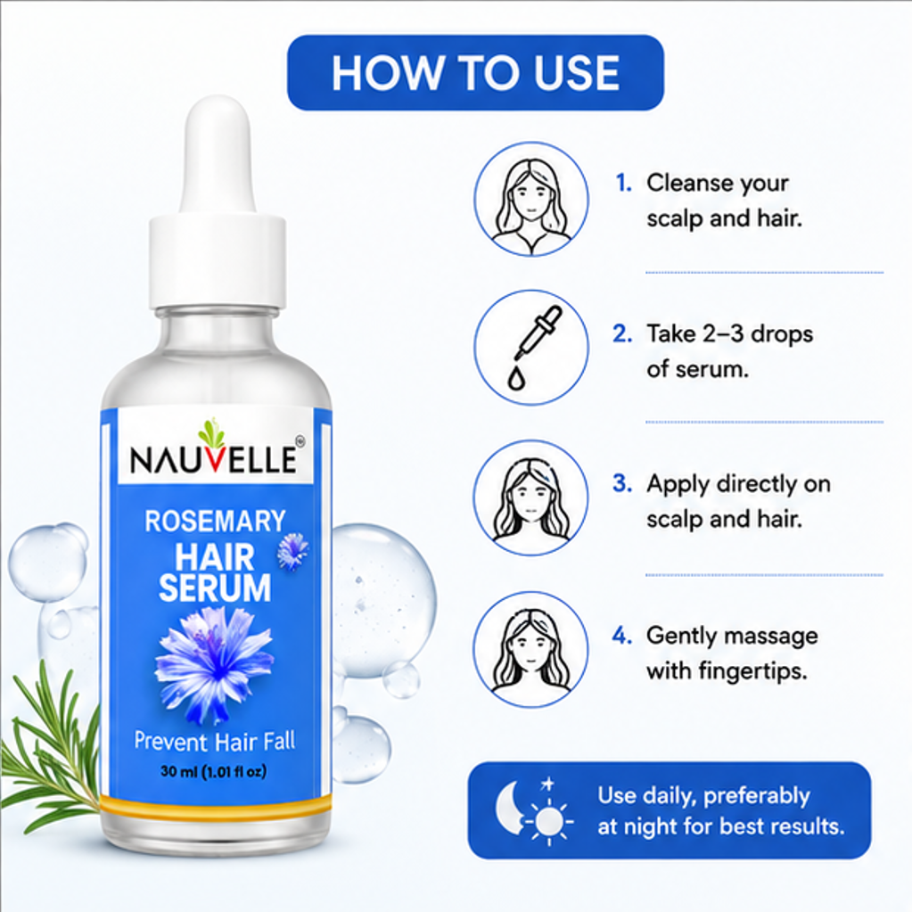 Nauvelle Rosemary Hair Serum, Anti Hair Fall, for All Hair Types, Rosemary Extract, 30 ml