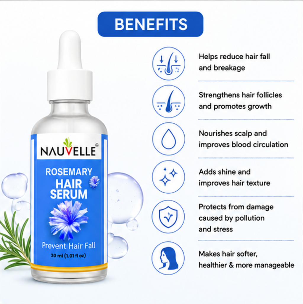 Nauvelle Rosemary Hair Serum, Anti Hair Fall, for All Hair Types, Rosemary Extract, 30 ml