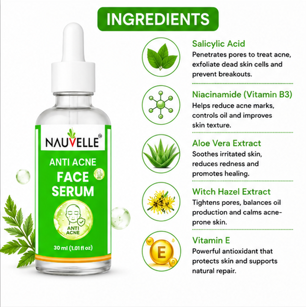 Nauvelle Anti Acne Face Serum for Clearer Skin, 30 ml, Adult