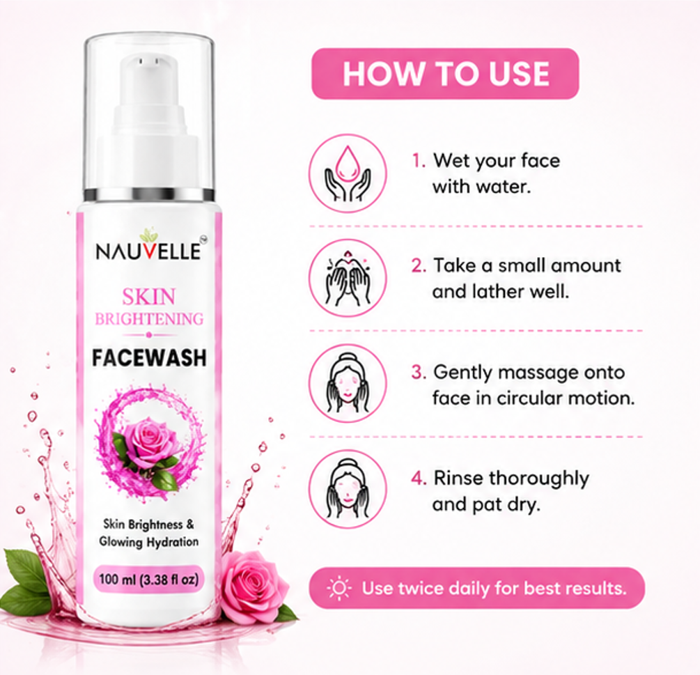 Nauvelle Skin Brightening Face Wash, Gel Form, Rose Extract, Glowing Hydration, Paraben Free, 100 ml